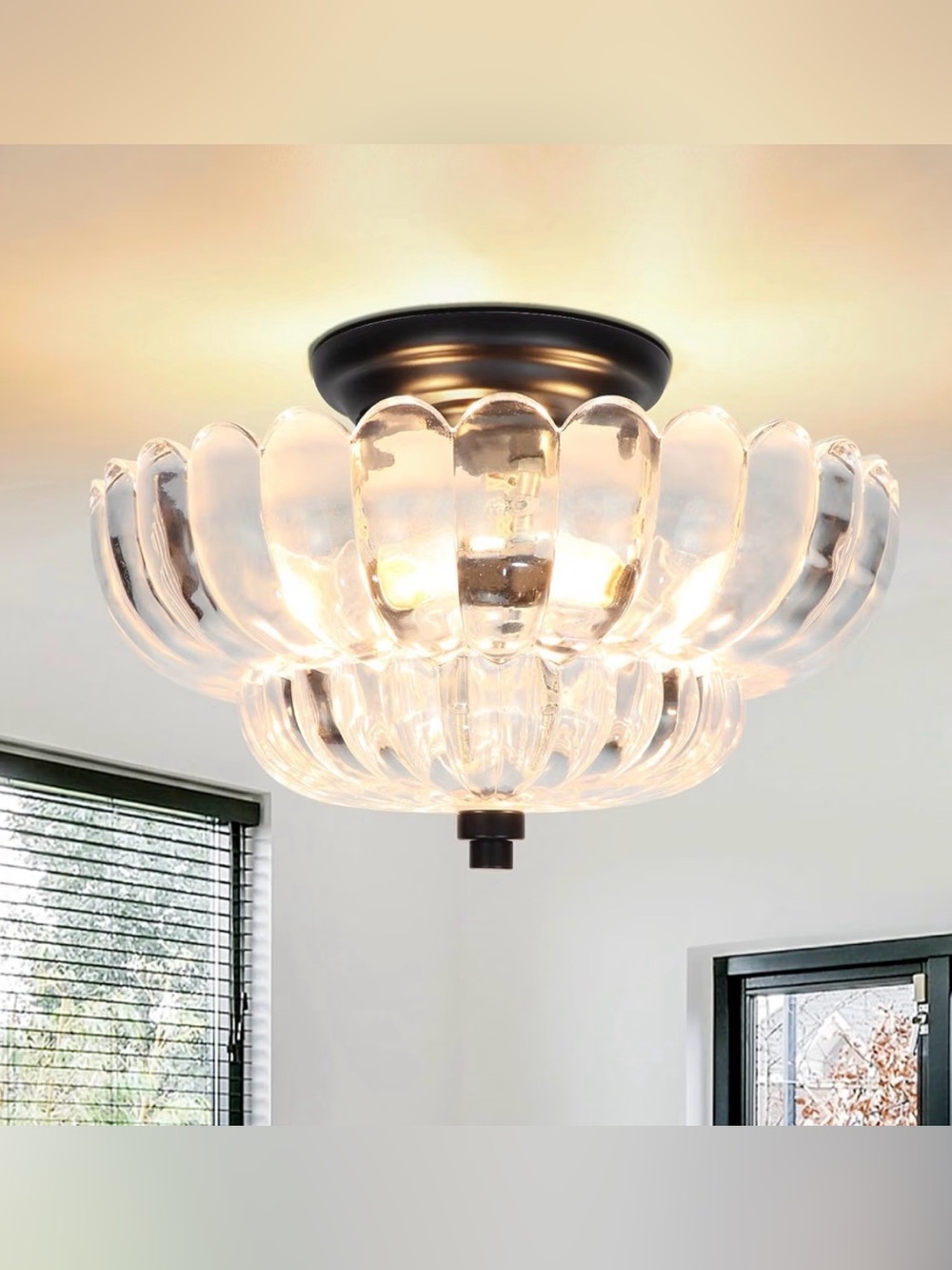11.8-Inch Black SemiFlushMountCeilingLightModern 3-Light Clear Glass Chandelier
